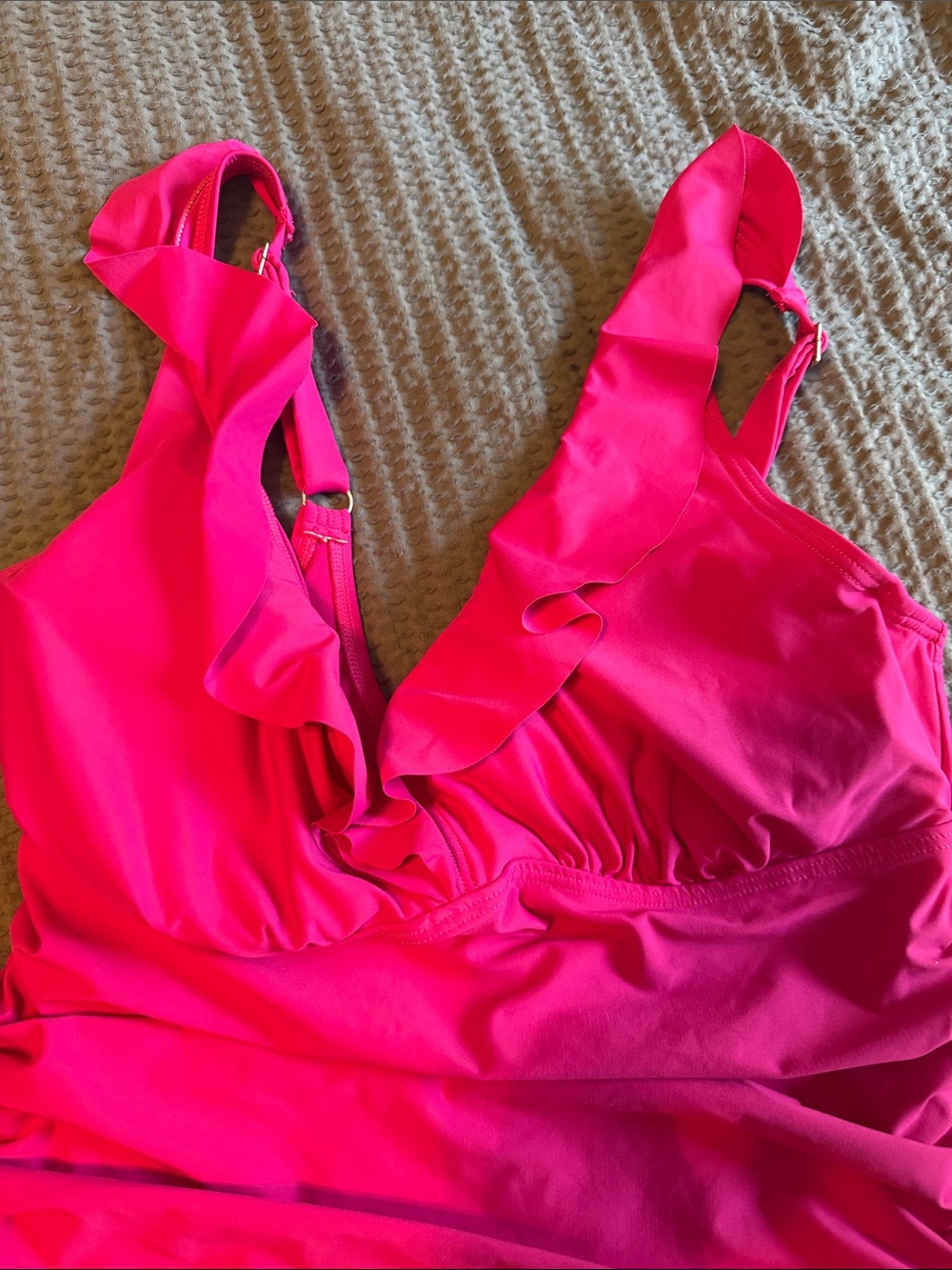 DKNY Hot Pink Ruffle Front One-Piece Swimsuit - Picture 3 of 6